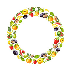 Round vector frame with drawn  fruits