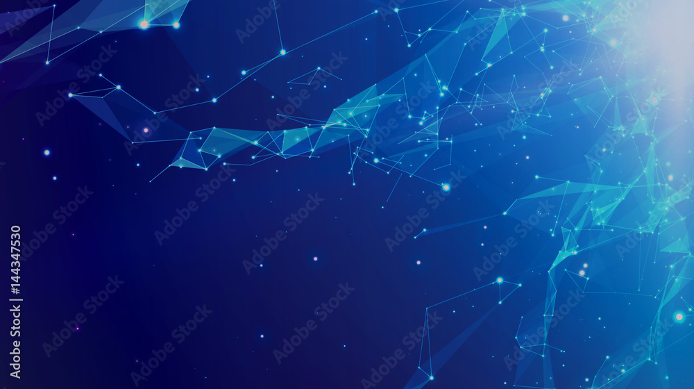 Fototapete abstract vector space blue background. chaotically connected points and polygons flying in space. fl