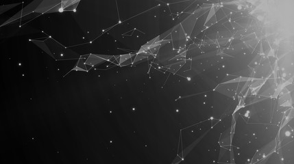 Abstract vector space monochrome background. Chaotically connected points and polygons flying in space. Flying debris. Futuristic technology style. Elegant background for business presentations.