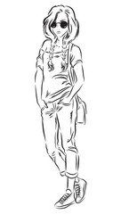 Sketch of beautiful fashion girl in jeans and t-shirt isolated on white background