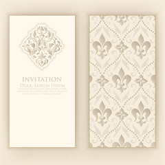 Invitation, cards with ethnic arabesque elements. Arabesque style design. Business cards. Elegant ornate damask background. Elegant floral abstract ornament. Design template.