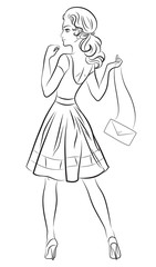 Sketch of fashionable girl in beautiful dress and with bag in hand