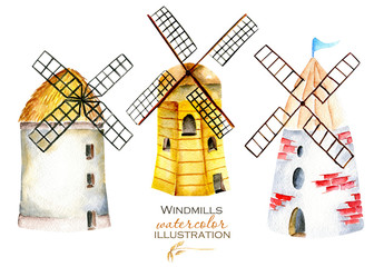 Set, illustration collection with watercolor windmills, hand drawn isolated on a white background
