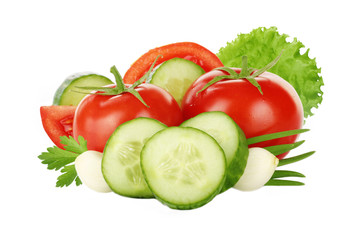 tomatoes, cucumbers, garlic and lettuce isolated