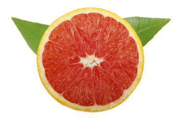 Fototapeta na wymiar red orange slice with leaves isolated on white