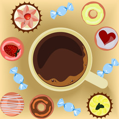 Cup of coffee with donuts top view, coffee break, breakfast meal, fast food snack, Isolated vector illustration