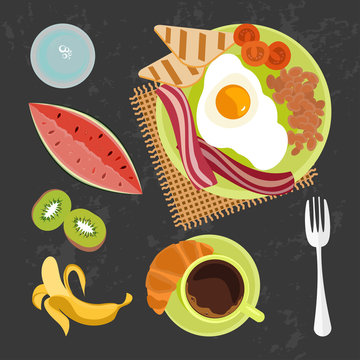 Banner of breakfast with fruits, fried eggs with bacon and cup of coffee on dark background. Top view Vector illustration eps 10