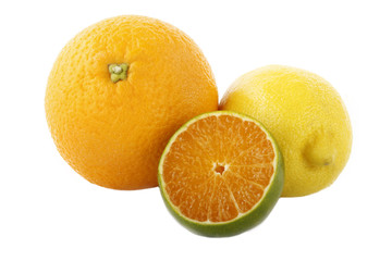 green tangerine slice and lemon isolated on white
