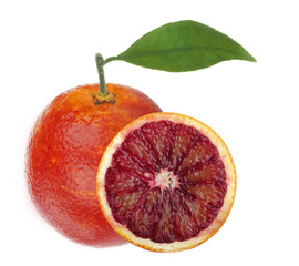 blood red orange with leaf  isolated