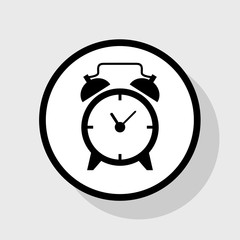 Alarm clock sign. Vector. Flat black icon in white circle with shadow at gray background.