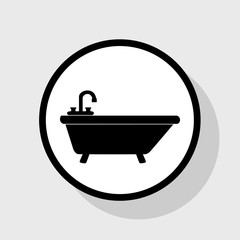 Bathtub sign illustration. Vector. Flat black icon in white circle with shadow at gray background.