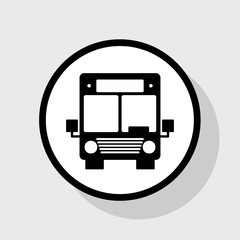 Bus sign illustration. Vector. Flat black icon in white circle with shadow at gray background.