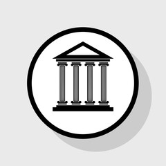 Historical building illustration. Vector. Flat black icon in white circle with shadow at gray background.