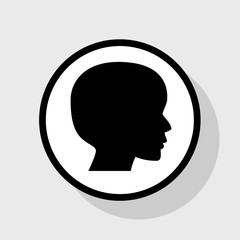 People head sign. Vector. Flat black icon in white circle with shadow at gray background.