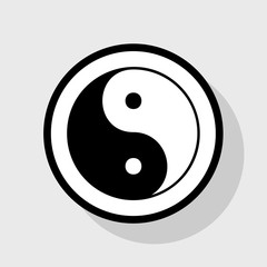 Ying yang symbol of harmony and balance. Vector. Flat black icon in white circle with shadow at gray background.