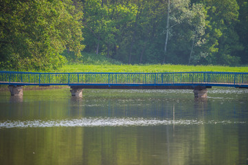Old bridge on the background of a forest and a pond