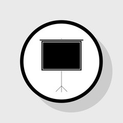 Blank Projection screen. Vector. Flat black icon in white circle with shadow at gray background.