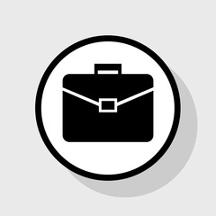 Briefcase sign illustration. Vector. Flat black icon in white circle with shadow at gray background.