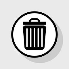 Trash sign illustration. Vector. Flat black icon in white circle with shadow at gray background.