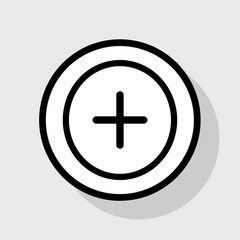 Positive symbol plus sign. Vector. Flat black icon in white circle with shadow at gray background.