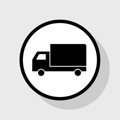 Delivery sign illustration. Vector. Flat black icon in white circle with shadow at gray background.