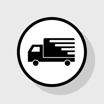 Delivery sign illustration. Vector. Flat black icon in white circle with shadow at gray background.