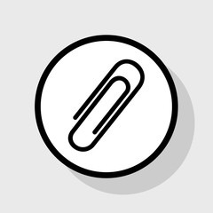 Clip sign illustration. Vector. Flat black icon in white circle with shadow at gray background.