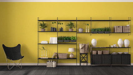 Eco yellow interior design with wooden bookshelf, diy vertical garden storage shelving, living, lounge relax area with armchair