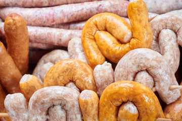 Assorted types of sausages. Sausages prepared for grilling