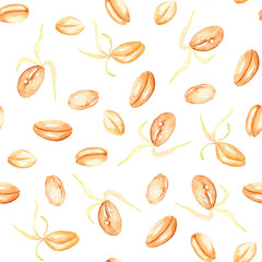 Seamless pattern with sprouted wheat grains hand drawn in watercolor on a white background