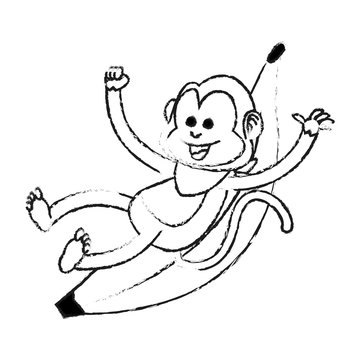 monkey playing with big banana cartoon icon image vector illustration design  black sketch line