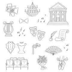 Vector set of theater icons hand drawn, doodle.