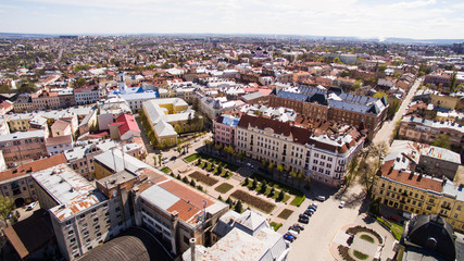 Chernivtsi city from above Western Ukraine. Sunny day with sky of the city.