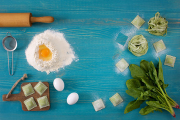 Tools and ingredients for making pasta and ravioli