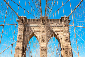 View on the wire suspension of Brooklyn Bridge in New York