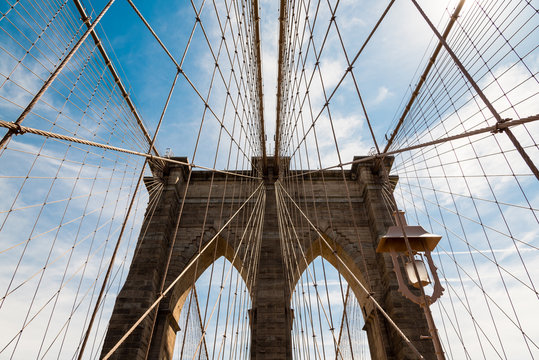 View on the wire suspension of Brooklyn Bridge in New York