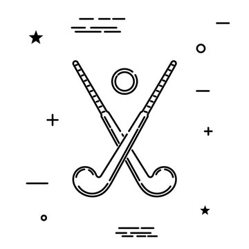 Abstract vector illustration of a hockey stick and ball for field hockey. Trend flat linear icon on white background. Line style sports symbol