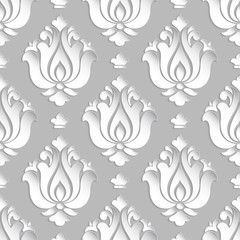 Vector damask seamless pattern background. Elegant luxury texture for wallpapers, backgrounds and page fill. 3D elements with shadows and highlights. Paper cut.