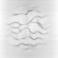 Vector striped background. Abstract line waves. Sound wave oscillation. Funky curled lines. Elegant wavy texture. Surface distortion. Monochrome. Grayscale backdrop.