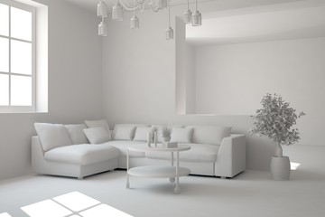 White room with sofa. Scandinavian interior design. 3D illustration