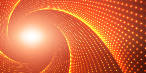 Vector infinite round twisted tunnel of shining flares on red background. Glowing points form tunnel. Abstract cyber colorful background. Elegant modern geometric wallpaper. Shining points swirl.