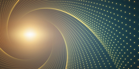 Vector infinite round twisted tunnel of shining flares on green background. Glowing points form tunnel. Abstract cyber colorful background. Elegant modern geometric wallpaper. Shining points swirl.