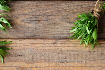Bunch of fresh tarragon on a wooden background with a space for note