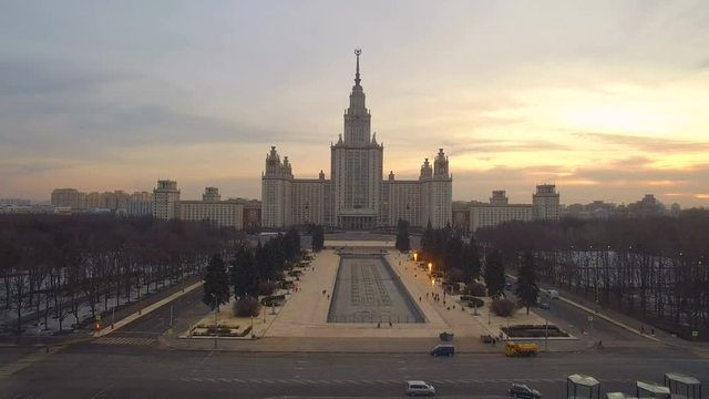 Alley and  building of  University of Moscow State University at sunset aerial view