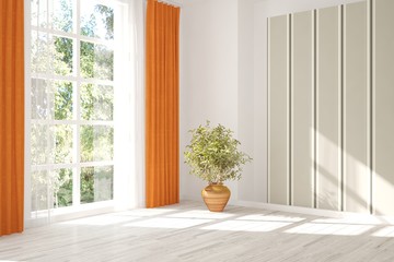 White empty room with green landscape in window. Scandinavian interior design. 3D illustration