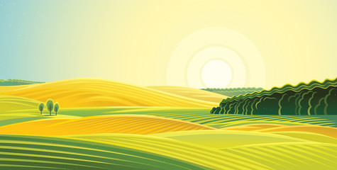 Rural landscape. Fields and hills at dawn. © Rustic