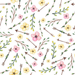 Watercolor Leaves, Arrows And Pink Flowers Seamless Pattern