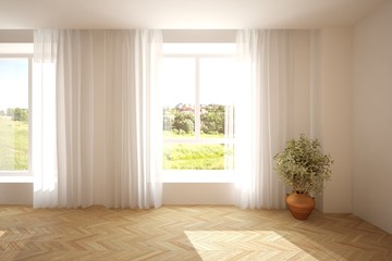 White empty room with green landscape in window. Scandinavian interior design. 3D illustration