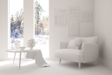 White room with armchair and winter landscape in window. Scandinavian interior design. 3D illustration