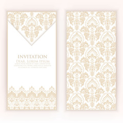 Wedding invitation and announcement card with vintage background artwork. Elegant ornate damask background. Elegant floral abstract ornament. Design template.